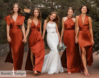 Gebrannte Orange Brautjungfer Kleid, Multiway Kleid, Satin Brautjungfer Kleid, Infinity Kleid, Rost Langes Kleid Herbst Herbst Kleid formeller Abend Abschlussball