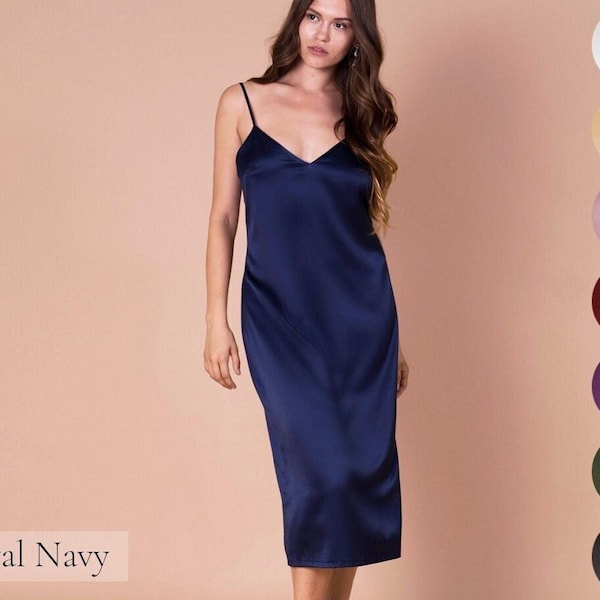 Navy Blue Satin Nightgown • Silk Slip Dress • Silk Dress • Summer Dress • Long Plus Size Night Dress • Satin Womens Chemise