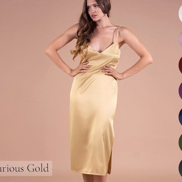 Gold Seide Nachthemd • Sommerkleid • Seidenkleid • Seiden Slip Kleid • lange Brautjungfer Nachtkleid • Damen Damen Plus Größe Nachtwäsche