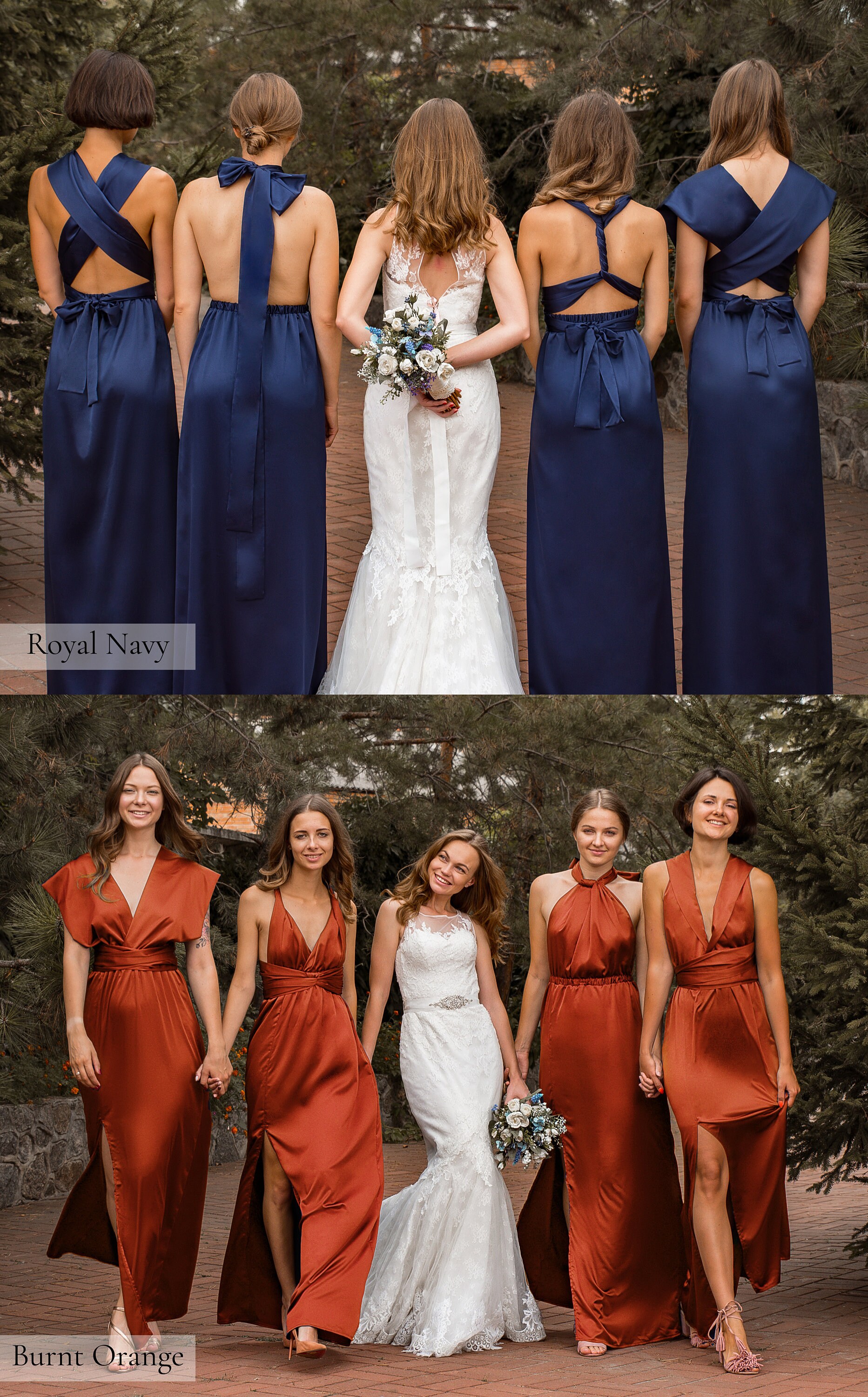 Navy blue and store orange bridesmaid dresses