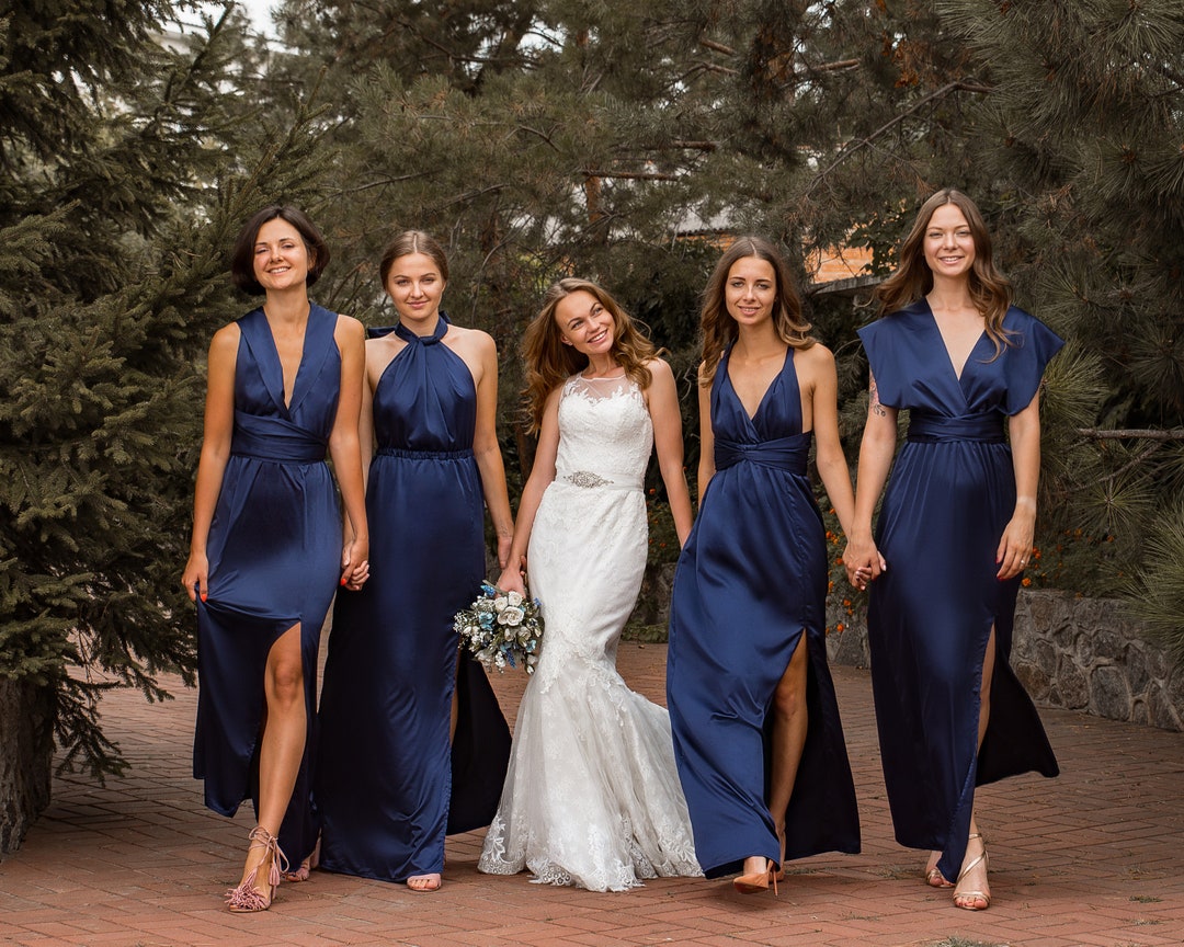 blue dress for baby girl Navy Blue Satin V-neck Short Bridesmaid Dresses , BN1019 main image 1