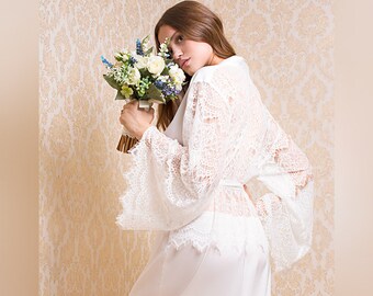 Long White Bridal Robe • Black Lace Satin Dressing Gown • Luxury Gift for Her • Wedding Bridesmaids Nightwear • Plus Size Womens Sleepwear