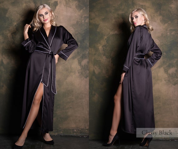 Black Silk Long Robe Sexy Satin Dressing Gown Luxury - Etsy