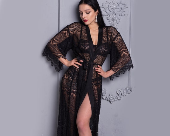 plus size black lace robe