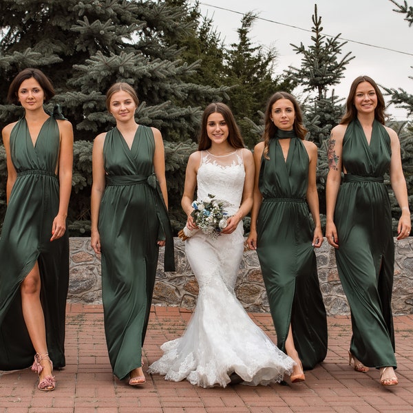 Silk Green Ball Prom Gown, Long Multiway Bridesmaid Dress Transformer Convertible Dress Luxury Womens Plus Size Infinity Dress Satin Wrap