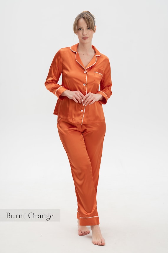 Burnt Orange Pajama Set, Silk Pyjamas, Personalised Silk Pajamas
