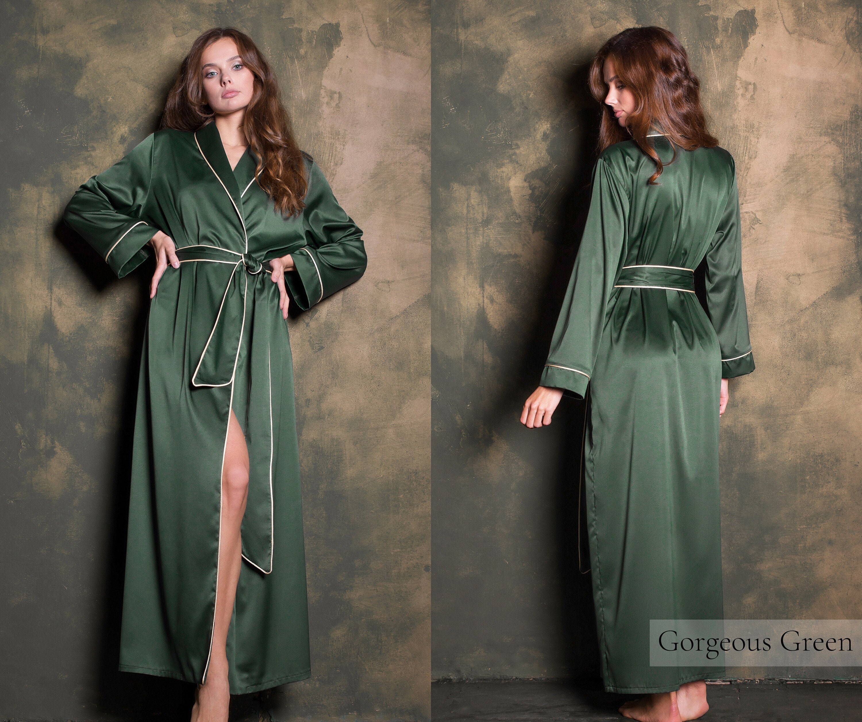 Silk Dressing Gown, Silk Robe, Christmas Dressing Gown, Holiday Robe, Long  Robe Maxi Green Satin Robe Set Womens Christmas Robe Gift for Her -   Canada