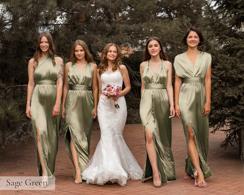 Bridesmaid Dress, Multiway Dress, Infinity Dress, Satin Bridesmaid Dress, Silk Bridesmaid Dress Green Long Evening Formal Bridesmaid Dresses Sage Green