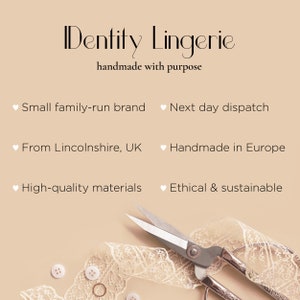 Pode incluir: Um close-up de um par de tesouras prateadas e tecido de renda branca com bot&otilde;es e an&eacute;is. O texto "IDentity Lingerie" est&aacute; no topo da imagem, com o slogan "handmade with purpose". Abaixo do slogan, h&aacute; cinco marcadores com informa&ccedil;&otilde;es sobre a marca, incluindo "Small family-run brand", "Next day dispatch", "From Lincolnshire, UK", "Handmade in Europe" e "Ethical & sustainable".