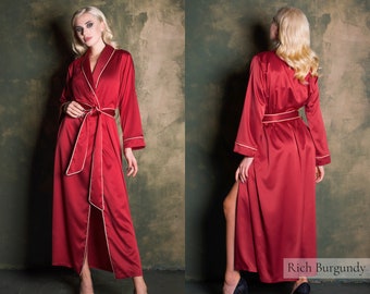 Silk Dressing Gown, Silk Robe, Dressing Gown Womens Silk Robe Long Dressing Gown Red Burgundy Satin Kimono Robe Set Silk Nightwear