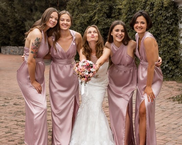maxi pink bridesmaid dresses Lisa Dress, in Light Luxe Satin, Size: Large | Show Me Your Mumu line floor length pleated Color:#32-Sage Green Irvine BFCM Men's Brown Dress Pants
