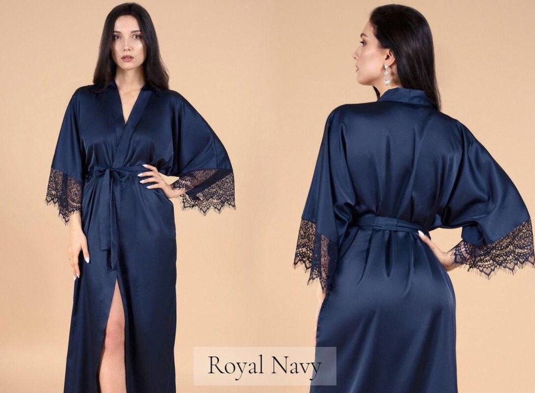 Personalised Silk Dressing Gown, Silk Robe, Long Dressing Gown Navy Blue Custom Embroidery