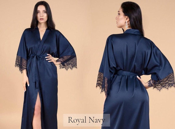 Personalised Silk Dressing Gown Silk Robe Long Dressing Gown Navy Blue Custom Embroidery Bridesmaid Kimono Robe Set Plus Size Lace Womens Etsy