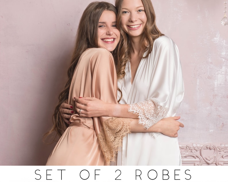 Personalized Bridesmaid Robes Set of 2 for Wedding \u2022 Nude soft satin dressing gown \u2022 Monogrammed initial bridal lace shower party gift
