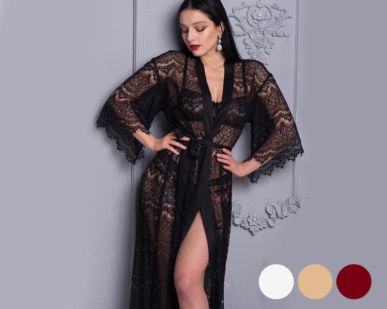 Sheer Black Long Lace Robe See Through 