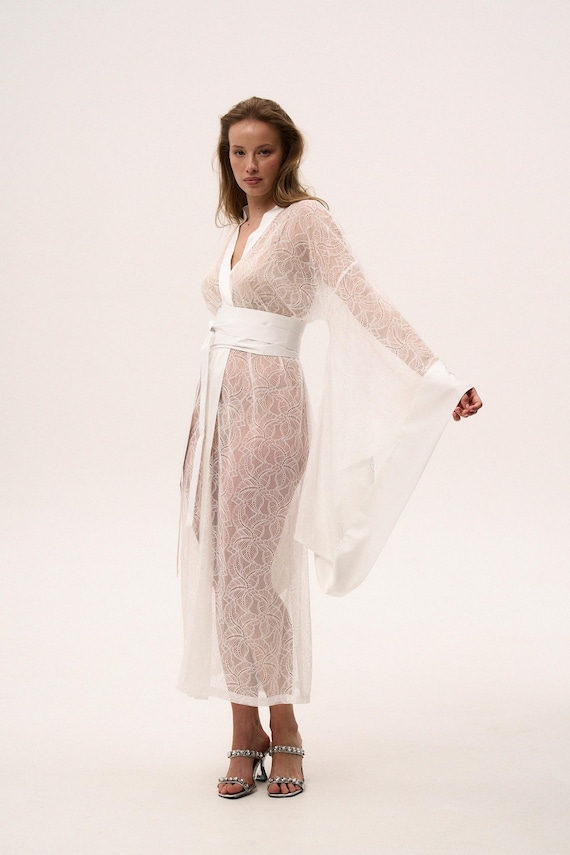 See Through Lingerie, Sheer Robe, Lace Dressing Gown, See Through Robe, See  Through Nightwear, White Sheer Dressing Gown Long Kimono Robe - Etsy