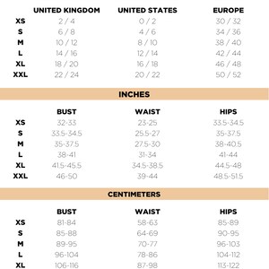 May include: A size conversion chart for clothing, showing sizes in inches and centimeters for the United States, United Kingdom, and Europe. The chart includes bust, waist, and hip measurements for sizes XS, S, M, L, XL, and XXL.