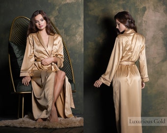 Silk Robe, Silk Dressing Gown, Long Silk Robe, Robes for Women Maxi Gold Kimono Robe Set Bridesmaid Robe Silk Satin Nightwear Silk Sleepwear