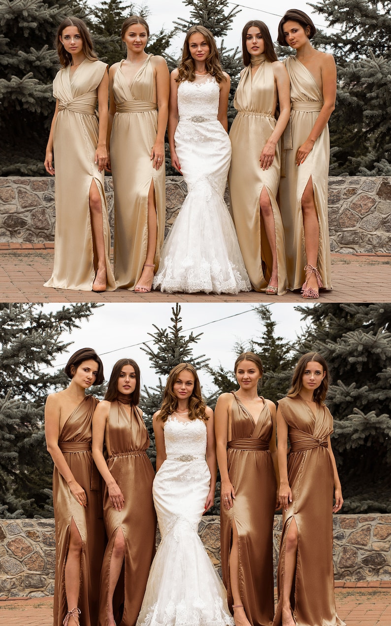 Gold Bridesmaid Dress, Multiway Dress, Satin Bridesmaid Dress, Infinity Dress, Long Silk Bridesmaid Dresses, Champagne Beige Dress Evening image 2