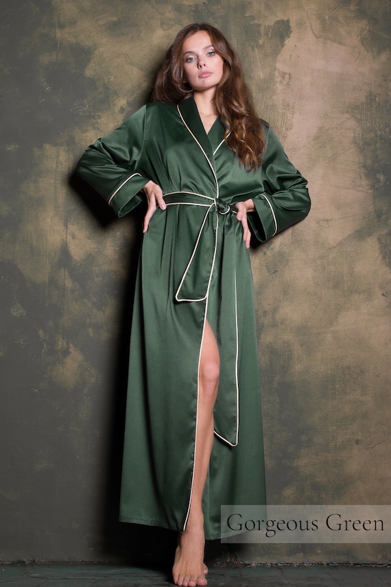 Bata de seda, batas para mujer, bata de seda, bata larga, bata de seda larga,  bata de kimono maxi verde set satinado plus tamaño ropa de dormir -   España