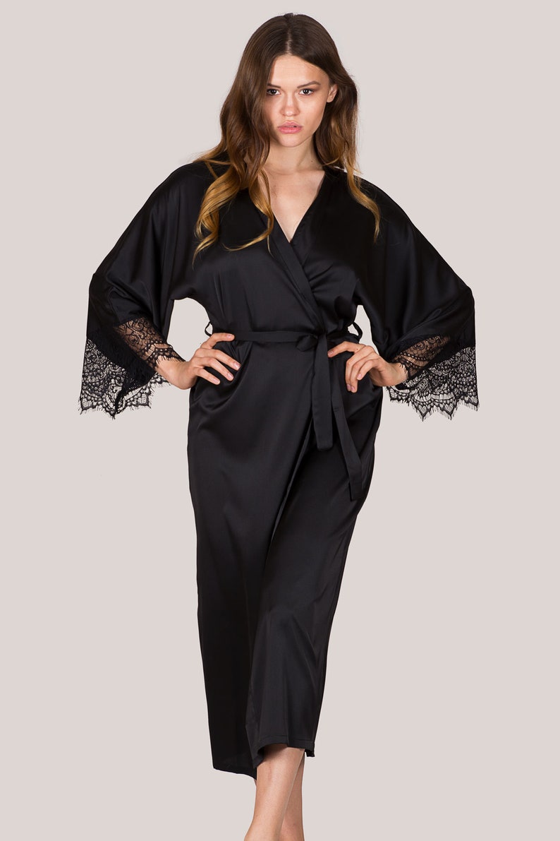 Long Personalised Bridesmaid Robes Set of 7 \u2022 Wedding lace satin getting ready dressing gown \u2022 Monogrammed initial bridal shower party gift