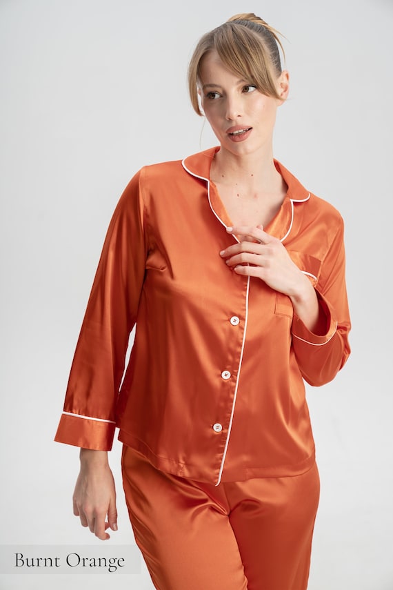Burnt Orange Pyjamas, Silk Pajamas, Personalised Silk Pajama Set