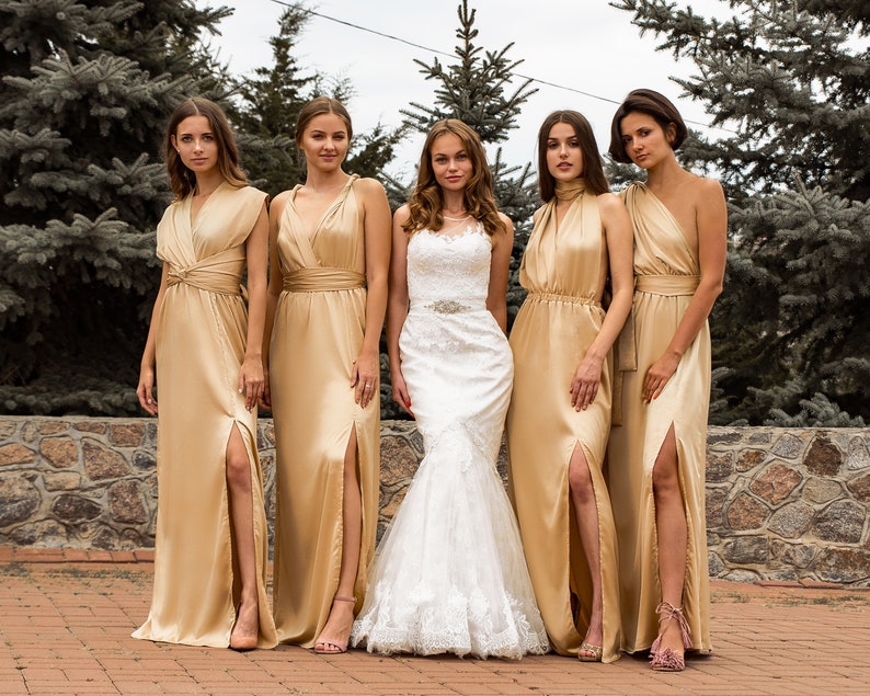 Gold Bridesmaid Dress, Multiway Dress, Satin Bridesmaid Dress, Infinity Dress, Long Silk Bridesmaid Dresses, Champagne Beige Dress Evening Luxurious Gold
