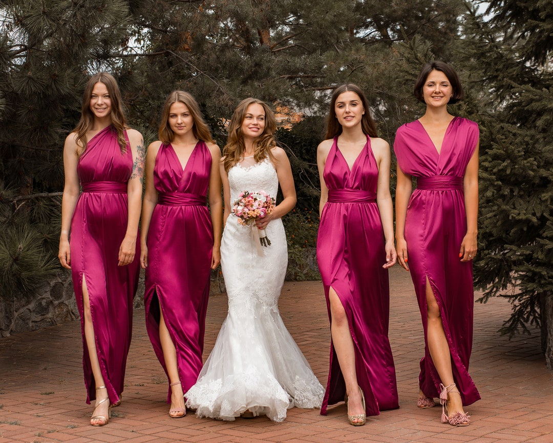 Vestido de dama de honor de satén, vestido multiposición, vestido infinito,  vestidos de dama de honor de seda, vestido fucsia, vestido rosa fuerte y