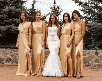 Silk Long Gold Dress •  Satin Bridesmaid Dress Transformer • Wedding Plus Size Wrap Dress • Convertible Dress • Multiway Prom Infinity Dress