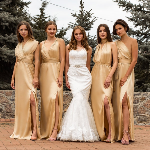 Silk Long Gold Dress •  Satin Bridesmaid Dress Transformer • Wedding Plus Size Wrap Dress • Convertible Dress • Multiway Prom Infinity Dress