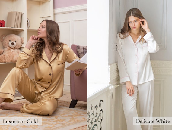 Silk Pyjamas Silk Pajamas for Women Satin Pajamas Christmas Pyjamas Long Sleeve PJs Button Up Satin XMAS Pyjamas Sets Green
