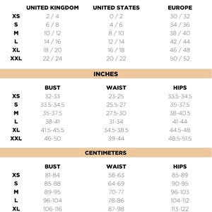 May include: A size conversion chart with measurements in inches and centimetres. The chart includes sizes XS to XXL, with bust, waist, and hip measurements. It also shows international size conversions for the UK, US, and Europe.