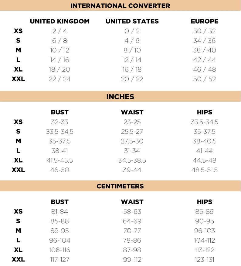 May include: A size conversion chart with measurements in inches and centimetres. The chart includes sizes XS to XXL, with bust, waist, and hip measurements. It also shows international size conversions for the UK, US, and Europe.