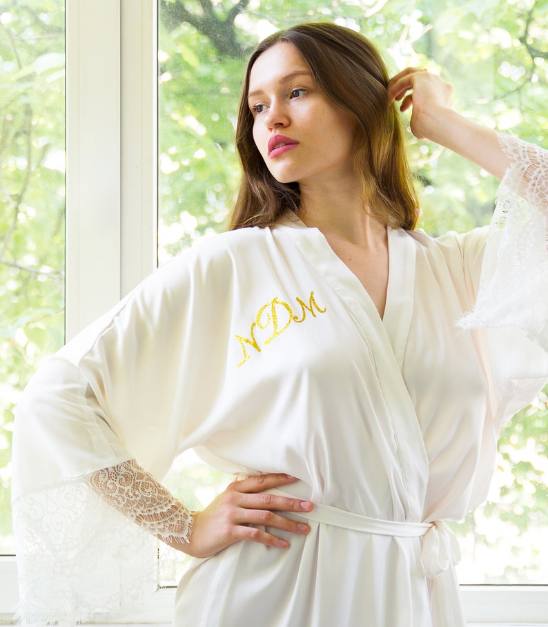 Long Personalised Bridesmaid Robes Set of 7 \u2022 Wedding lace satin getting ready dressing gown \u2022 Monogrammed initial bridal shower party gift