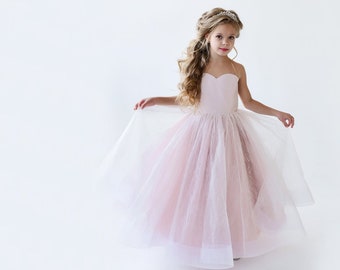 Blush Pink Flower Girl Dress Floor length flower girl dress Girl ball gown dress Tutu dress Tule dress Baby dress Lace dress Birthday dress