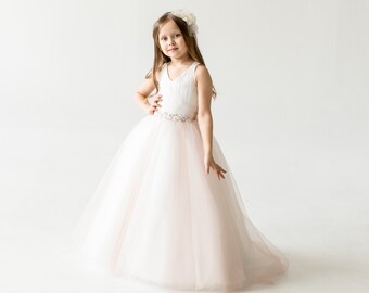 Blush Pink Tulle Flower Girl Dress, Communion dress, Lace Flower Girl Dress , Birthday Girl Dress, Tutu Flower Dress