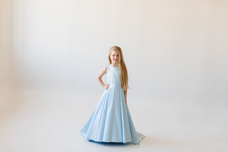 Sky Blue Girls Dress Jr Bridesmaid Dress Flower Girl Dresses Toddler Flower Girl Flowergirl High-low Dress with train Blue Wedding Dress image 2