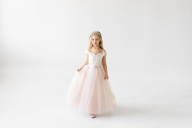 Blush Flower Girl Dress, Lace Flower Girl Dresses, Tulle Girls Gown, Baby Girl, Infant, Princess Tutu, 1st Birthday Outfit image 4