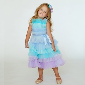 Elegant Mermaid Dress with Layered Ruffle Tutu for Special Occasions - Purple and Turquoise Dress, Girls&#39; Birthday, Wedding, Halloween party