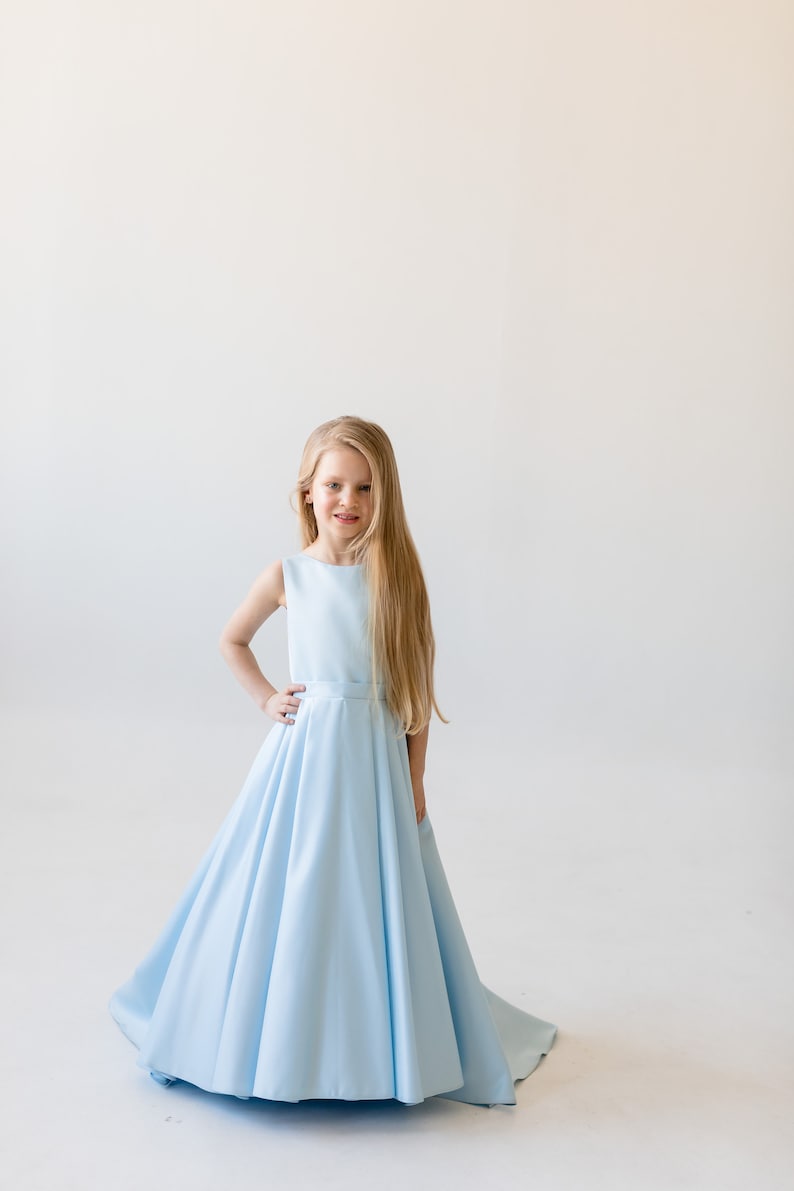 Sky Blue Girls Dress Jr Bridesmaid Dress Flower Girl Dresses Toddler Flower Girl Flowergirl High-low Dress with train Blue Wedding Dress image 7