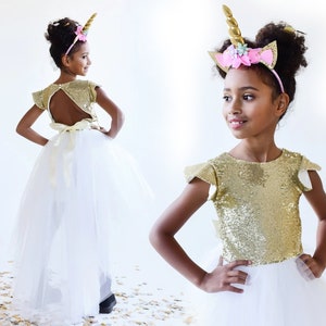 Flower Girl Dress Gold Sequin Dress Tulle Girl Dress Tulle Toddler Wedding Girl Dress