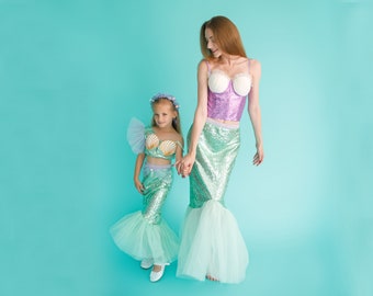 Mint Mother-Daughter Matching Mermaid Fantasy Costume Set - Mommy and Me Fish tail Outfits - Photoshoot Matching dresses