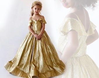 Girls' Elegant Gold Sequin Dress - Luxury Toddler Sparkle Party Outfit - Custom First Birthday & Flower Girl Dress