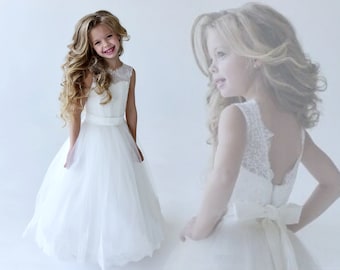 Ivory Flower Girl Dress Ivory Floor Lenght  Girl Dress Girl Ball Gown Dress Tutu Dress Tulle Dress Christmas Dress Ivory Lace Dress
