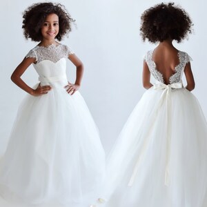Ivory Flower Girl Tutu Dress – Elegant Lace and Satin Ball Gown – Custom Bridesmaid Dress for Girls – For Weddings and Special Occasions