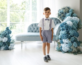 Grey Boys Linen Suit Ring Bearer Outfit, Boys Wedding Suit
