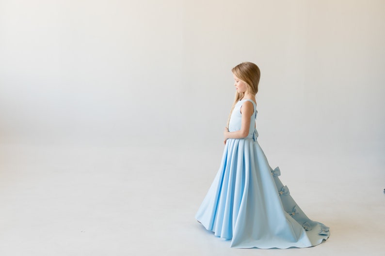 Sky Blue Girls Dress Jr Bridesmaid Dress Flower Girl Dresses Toddler Flower Girl Flowergirl High-low Dress with train Blue Wedding Dress image 1