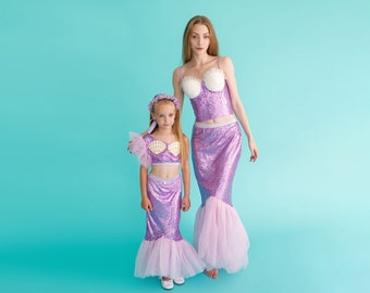 Lavender Mother-Daughter Matching Mermaid Fantasy Costume Set - Mommy and Me Fish tail Outfits - Photoshoot Matching dresses