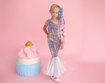 Enchanting Mermaid Tail Costume for Girls - Purple Mermaid Bodysuit sparkles with every move - For Birthdays, Dress-up play, themed parties.