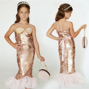 Enchanting Blush Pink Sequin Mermaid Dress - Girls&#39; Mermaid Tail Costume for Birthday, Halloween & Special Occasions - Fishtale Dress